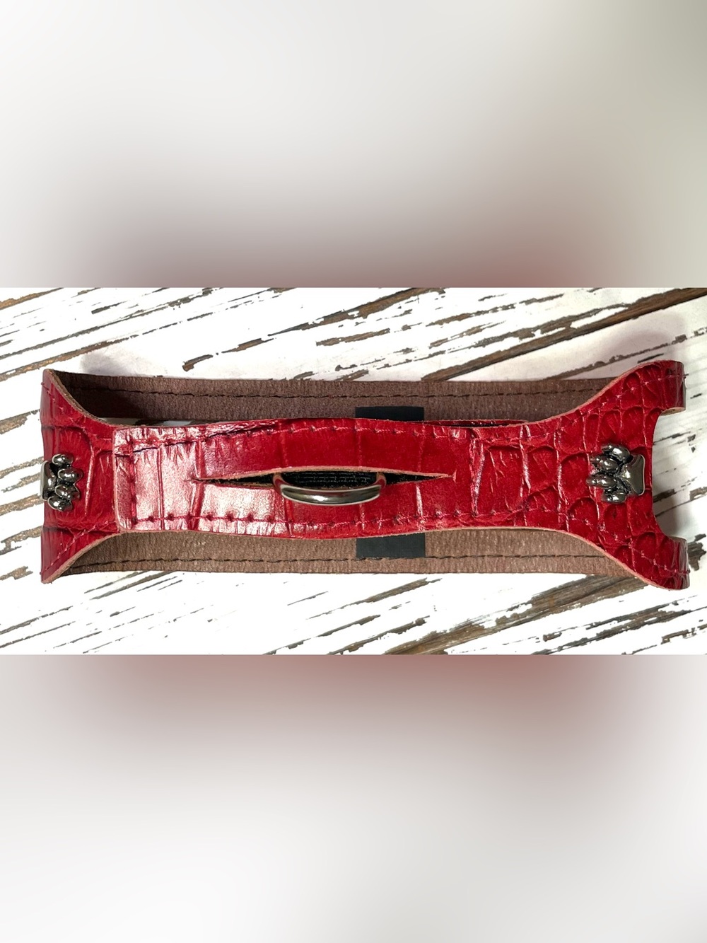 Red Croc choke free  Leather  dog step- in Harness with Silver Paws Accents 14 ”